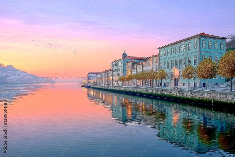 Fototapeta premium A watercolor painting of Porto at golden hour with reflections on the Douro River and soft orange hues