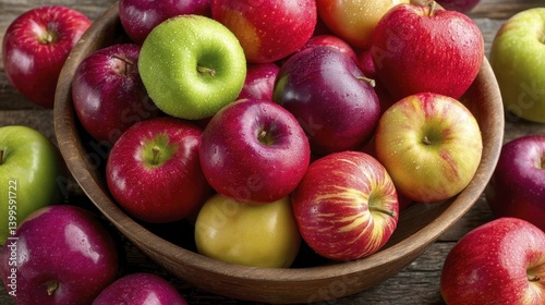 A bowl overflowing with various kinds of colorful dessert apples - pink apple assorted