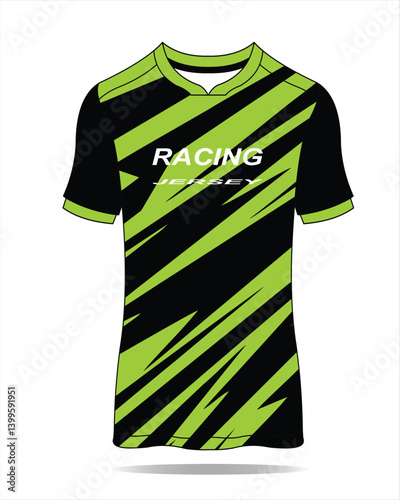 Vibrant green racing jersey with dynamic black stripes, ideal for sports events and competitions