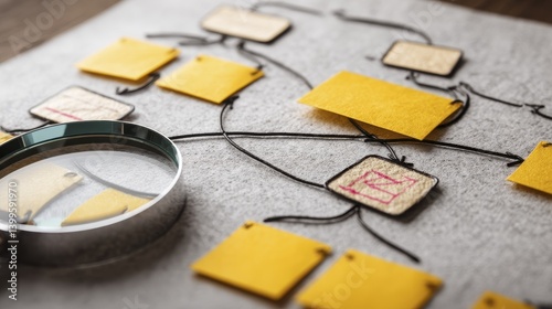 A magnifying glass placed on a complex flowchart, highlighting a critical section - research closeup flowchart