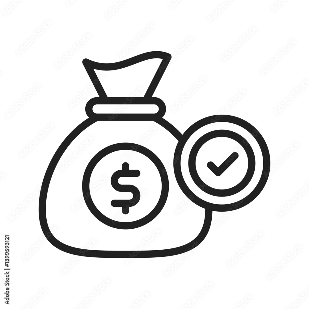 Cash Bag Approved icon vector image. Suitable for mobile apps, web apps and print media. Cash Bag Approved icon vector image. Suitable for mobile apps, web apps and print media.