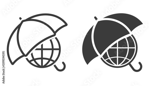 Earth protected via umbrella icon, save the world planet globe sign symbol line stroke simple graphic set, global environment health care safeguard shape silhouette image clip art