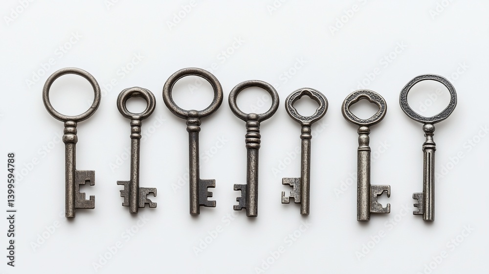 Seven antique keys arranged in a row on white background. (1) Seven antique keys arranged in a row on white background. (1)