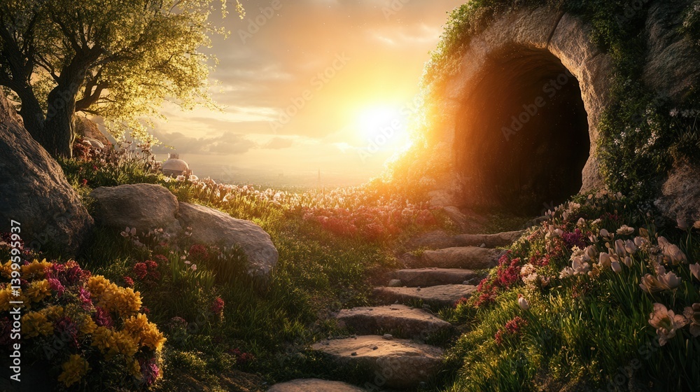 Naklejka premium Easter, the holiday of the resurrection of Jesus Christ, Christ is risen, a day in the garden in Jerusalem, Israel