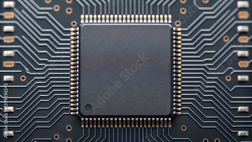 Close up of a microchip on a circuit board.