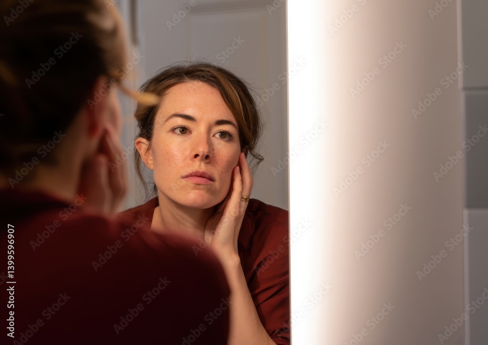 Fototapeta premium Caucasian woman examines reflection in bathroom mirror for skincare routine.