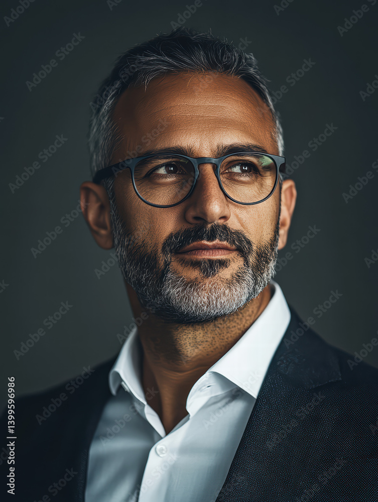 The Contemplative Glance: A close-up of a distinguished man with graying hair and glasses, gazing thoughtfully towards the horizon, evoking wisdom and introspection. 