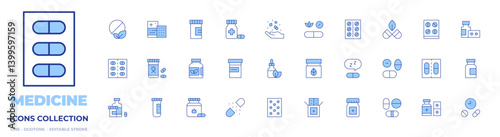 Medicine icons collection. Line Duotone style, editable stroke. pills, medicine, melatonin, medication, supplement, capsule, pills bottle, pill