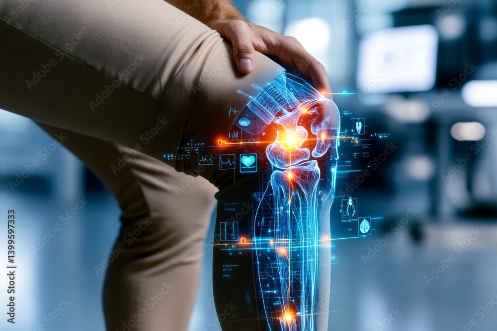 Fototapeta premium Anatomy of the leg on holographic display along with medical icons. Generative AI