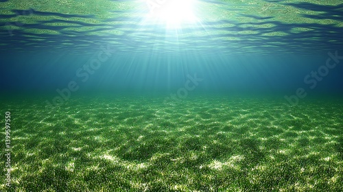 Underwater Realm: Sunlight streams through the clear, turquoise waters of the ocean, illuminating the vibrant green sea floor covered in sea grass. A tranquil underwater world awaits.