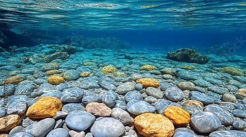 Underwater Rocky Landscape: A serene underwater view of a seabed strewn with a variety of smooth, colorful stones and pebbles, bathed in the crystal-clear, ethereal blue light of the water.