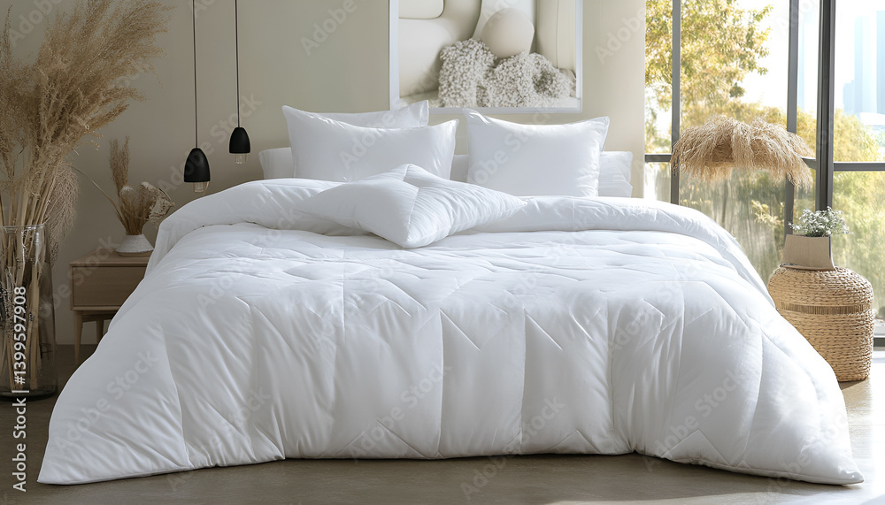 Obraz premium Comfortable bed with clean linens and pillows in the room