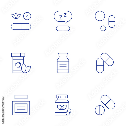 Medicine icons set. Thin Line style, editable stroke. medicine, natural medicine, alternative medicine, vial, melatonin, pills