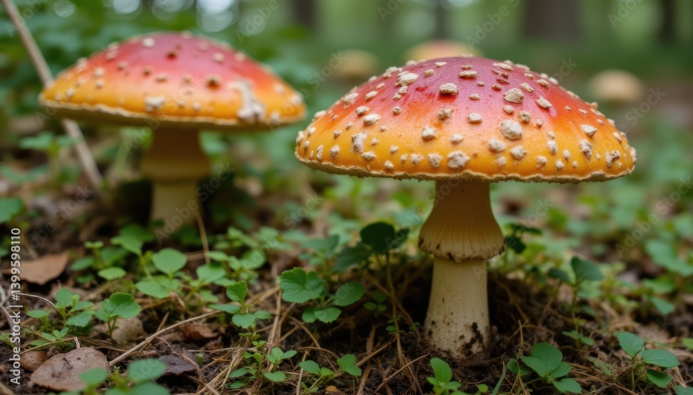Photo of a colorful toadstool growing in an uncultivated forest meadow. Photo of a colorful toadstool growing in an uncultivated forest meadow.