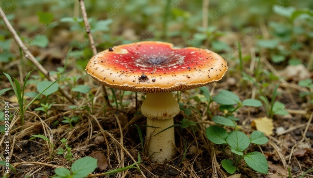 Photo of a colorful toadstool growing in an uncultivated forest meadow. Photo of a colorful toadstool growing in an uncultivated forest meadow.