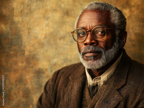 Thoughtful Gaze: A distinguished individual with graying beard and spectacles gazes with contemplative expression against a textured backdrop, evoking the depth of experience and wisdom.