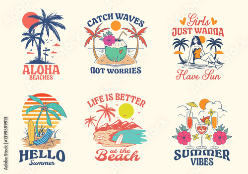 Vintage summer graphic t-shirt designs bundle for print. Retro summer paradise beach vector graphic set