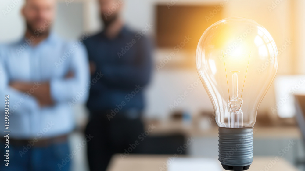 Innovative ideas spark between two professionals in office setting, with glowing light bulb symbolizing creativity and collaboration. atmosphere is filled with potential and teamwork