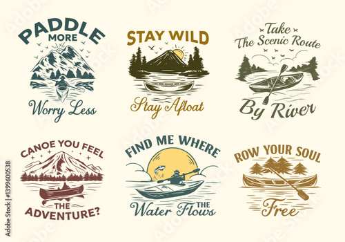 Canoeing t-shirt design bundle for print, Vintage kayaking graphic tee shirt collection, canoe vector set