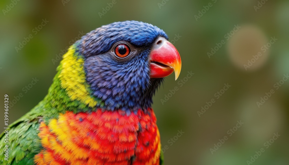 Closeup photo of a beautiful and colorful Green naped Lorikeet bird, shown in a side view. Closeup photo of a beautiful and colorful Green naped Lorikeet bird, shown in a side view.