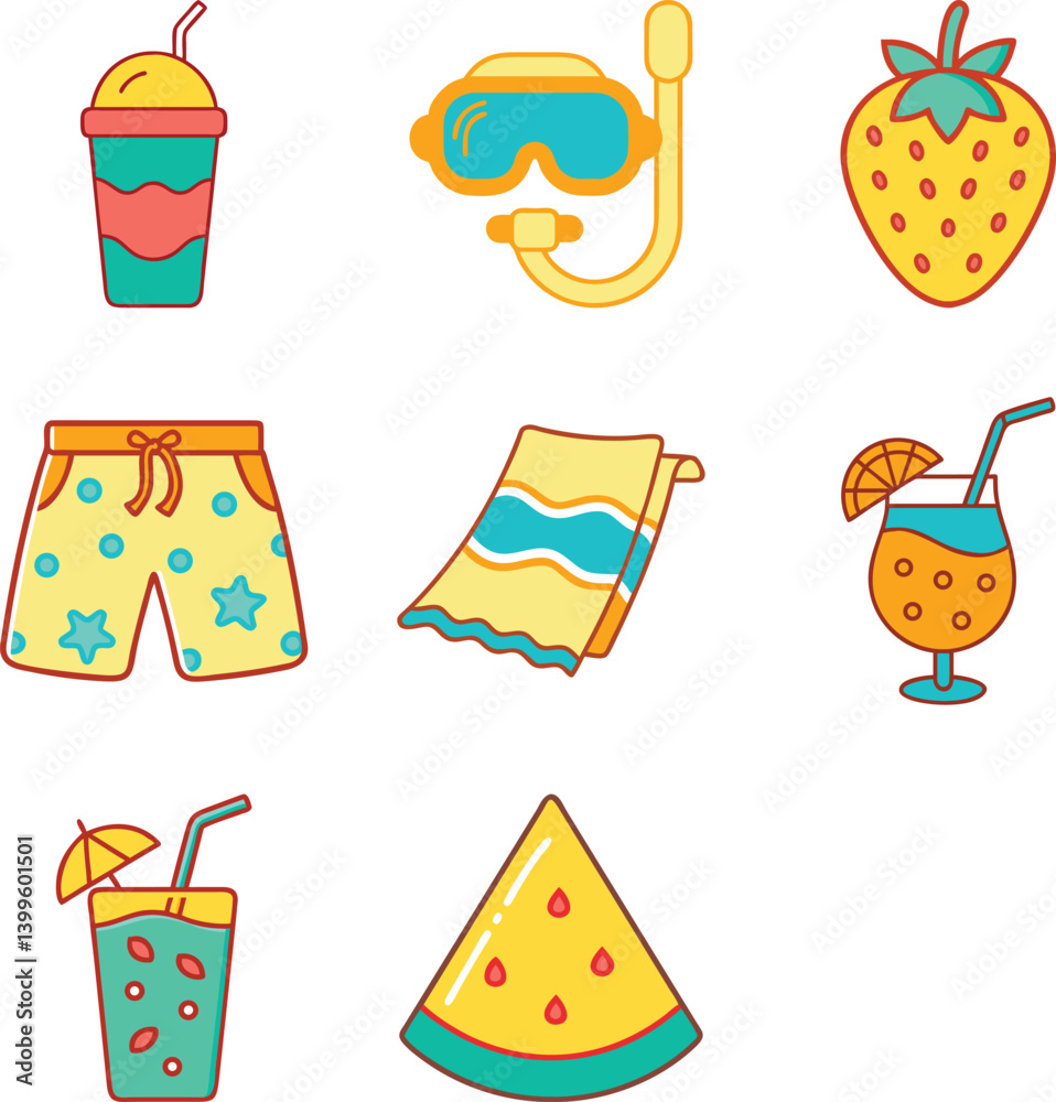 Summer Vacation Flat Icons Drinks, Beach Shorts, Snorkel Mask, Towel, Fruit Set Summer Vacation Flat Icons Drinks, Beach Shorts, Snorkel Mask, Towel, Fruit Set