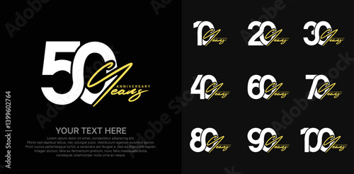 Anniversary logo set vector design, white and yellow color for celebration event