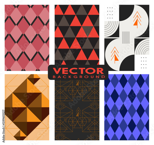 Geometric Harmony: Six unique geometric patterns form an intricate tapestry of shapes, blending striking colors and forms into a cohesive and engaging design.
