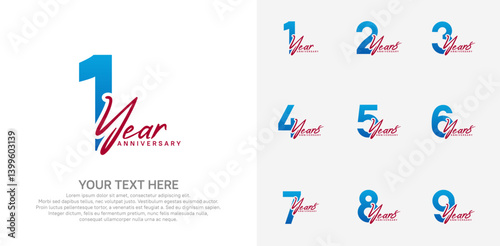 Anniversary logo set vector design, blue and red color for celebration event