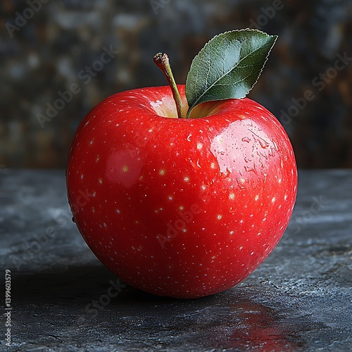 A glossy red apple resting on a smooth slate-gray surface with a faint reflective sheen, dramatic backlighting creating a halo effect, ultra-minimalist composition, high-contrast tones.