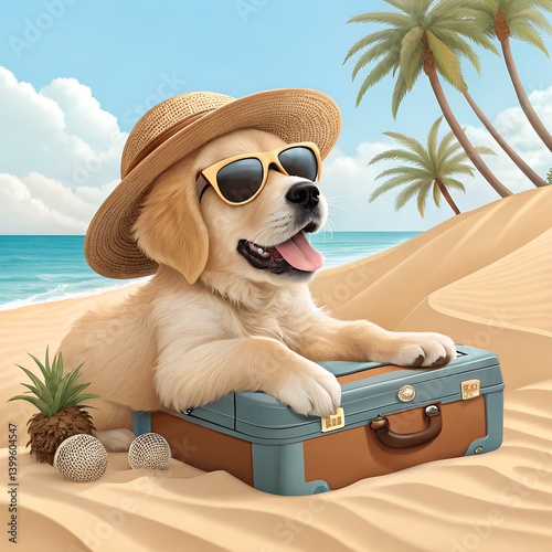 A cute golden retriever puppy dog with a straw hat and sunglasses lying on a suitcase at the beach, the concept of travel and life with animals