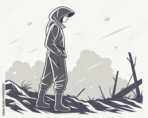 A hooded figure standing calmly in a chaotic battlefield, glowing softly — representing inner strength, line art with shadows