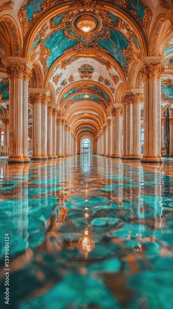 Naklejka premium A long ornate hall, decorated with gold and teal, reflected on a shiny surface