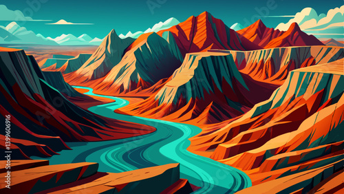 Winding mountain ridge cutting through a vast barren plain, Glowing vector ridge in vibrant teal, blue and orange landscape