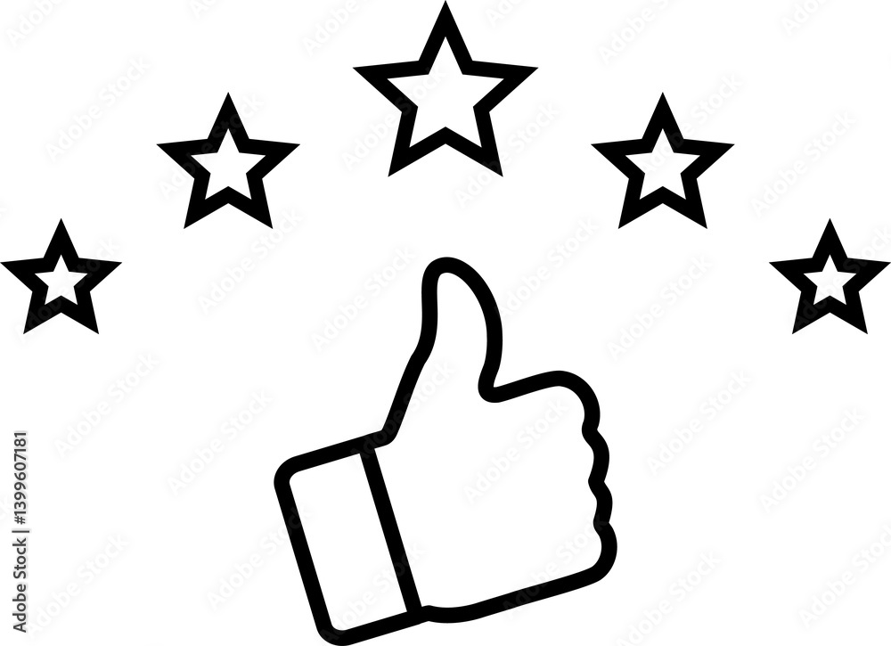 Customer review rating with 5 stars and thumb up illustration. Customer review rating with 5 stars and thumb up illustration.