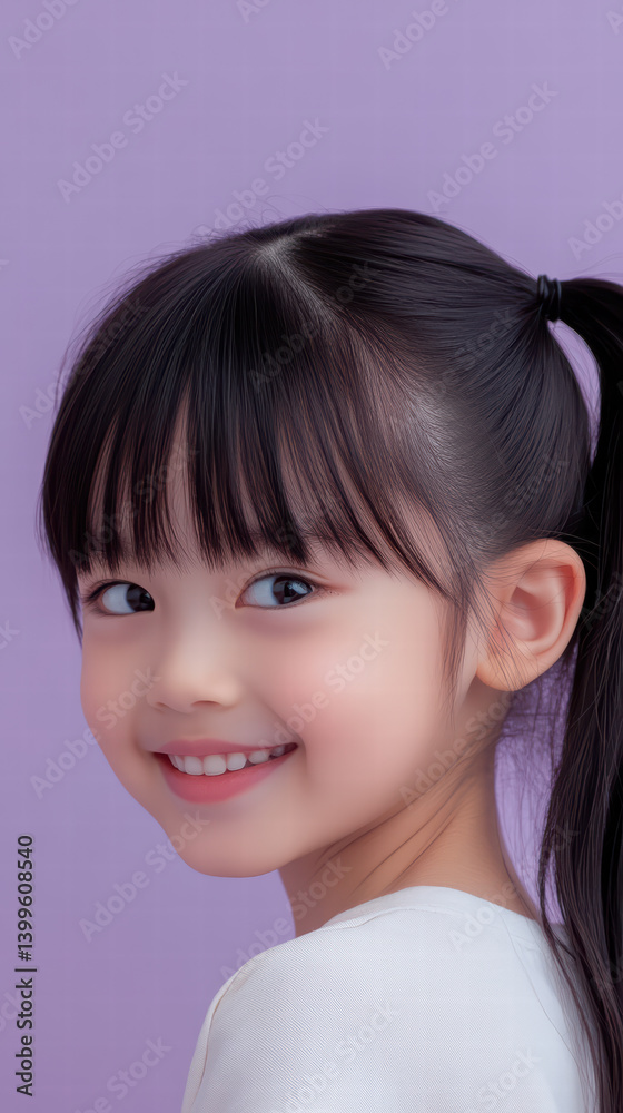 Smiling girl portrait: A charming portrait of a young girl with a bright smile, dark hair styled in a ponytail, and bangs. She's wearing a simple white top against a soft purple background. Smiling girl portrait: A charming portrait of a young girl with a bright smile, dark hair styled in a ponytail, and bangs. She's wearing a simple white top against a soft purple background.