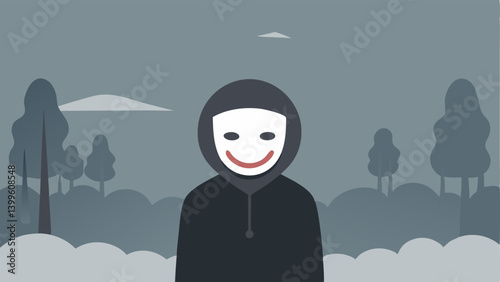 Barrier of Fake Smiles A figure wearing a mask with a forced smile surrounded by a foggy background signifying the contrast between inner turmoil and outward appearance.