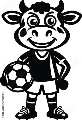 Cute cartoon cow with soccer uniform and ball vector illustration, Cute cartoon cow with soccer uniform and ball silhouette and line art vector
