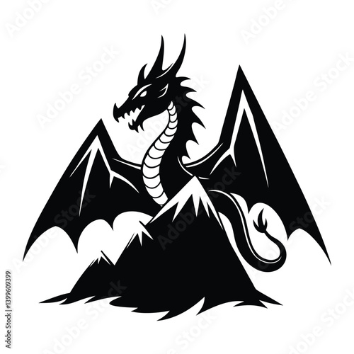 A dragon turning into a mountain range on white background