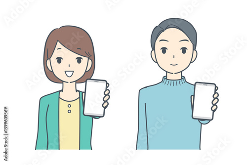スマートフォンを前に突き出して見せる女性と男性