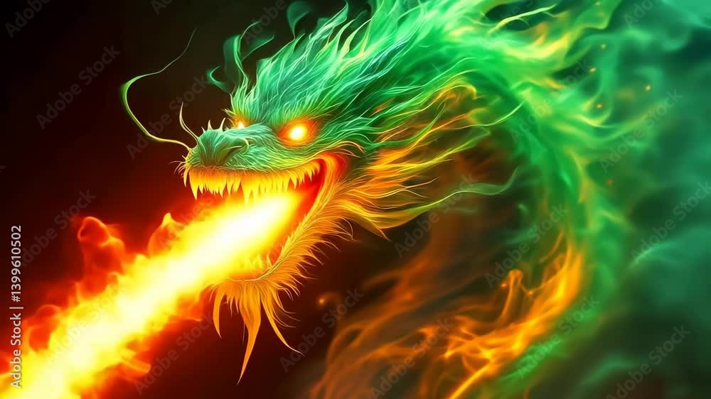 Green Dragon Breathing Fiery Orange Flames Against Dark Background
