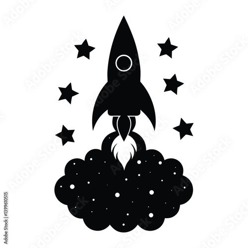 A rocket with smoke forming clouds and stars on white background