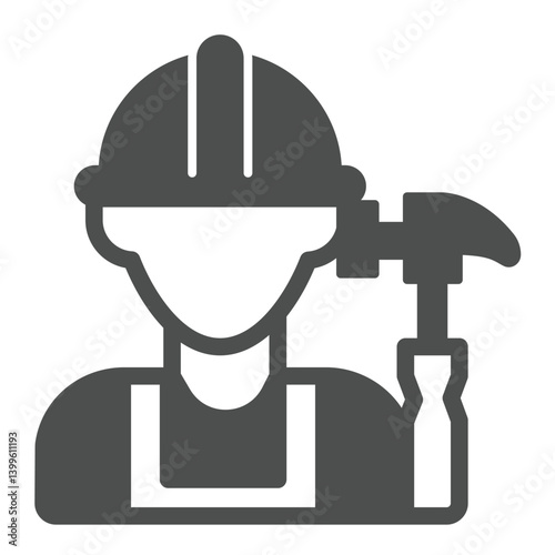 Builder man and hammer solid icon, construction concept. Vector graphics. Worker with hammer tool sign on white background, glyph style icon for mobile or web design.