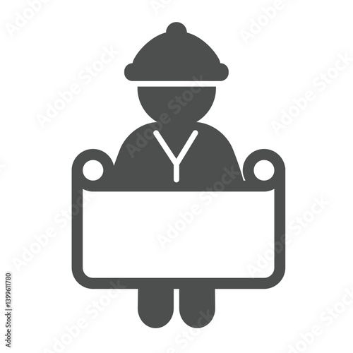 Architect with project paper solid icon, construction concept. Vector graphics. Man and project plan, worker sign on white background, glyph style icon for mobile or web design.