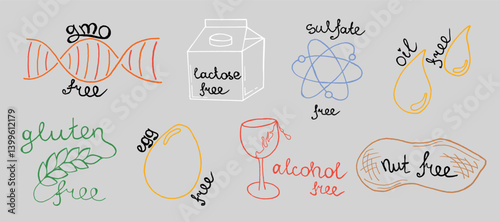 GMO, lactose, alcohol, sulfate, gluten, nut, egg, oil free hand drawn doodle sign. Organic eco friendly, ecology vector icon set