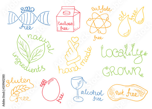 GMO, lactose, alcohol, sulfate, gluten, nut, egg, oil free hand drawn doodle sign. Organic eco friendly, ecology vector icon set