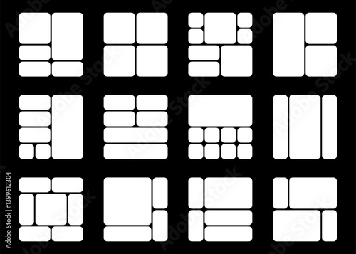 Rounded corners layout collection. Bento grid template for web design. White shapes for pictures or photo frame square collage.