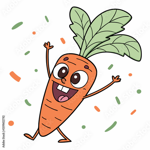 Funny Carrot Cartoon Character Excited Carrot Character with Raised Arms, Big Smile, and Sparkly Eyes – Cute Vector Illustration