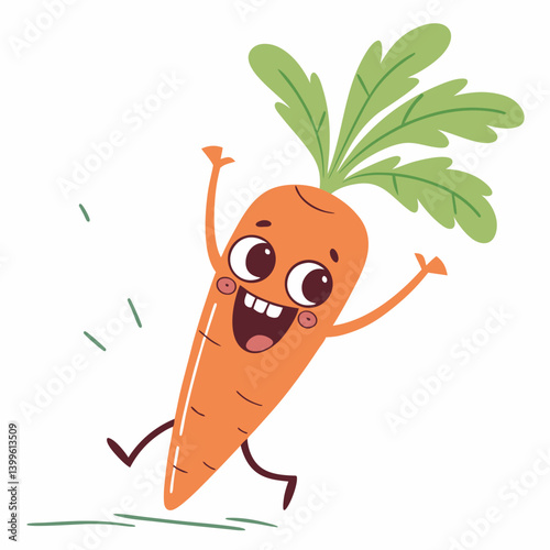 Funny Carrot Cartoon Character Excited Carrot Character with Raised Arms, Big Smile, and Sparkly Eyes – Cute Vector Illustration