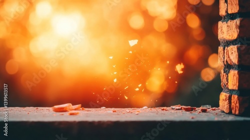 Bricks and debris are scattered on a ledge, illuminated by a warm, colorful bokeh backdrop during sunset, creating a vivid atmosphere