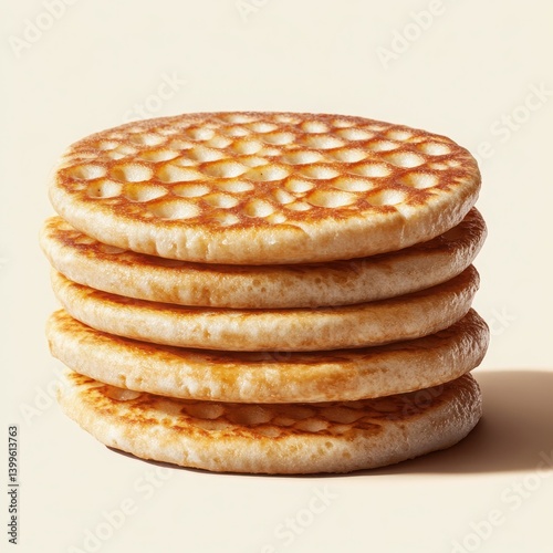 Stack of golden brown crumpets with holes on a light background